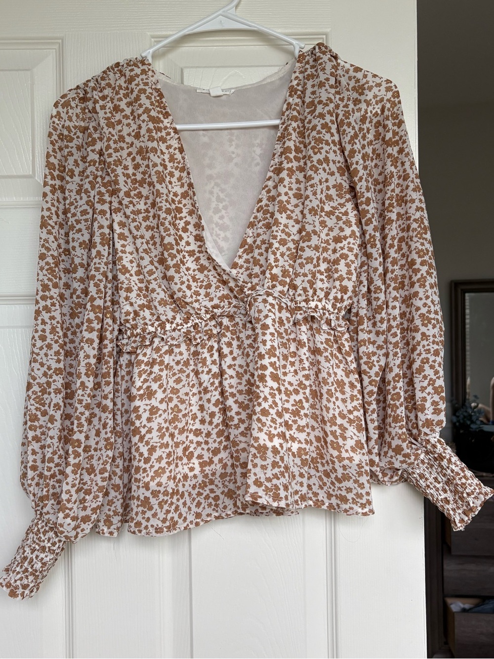 Blu Pepper Cream and Brown Floral V-Neck Peplum Blouse